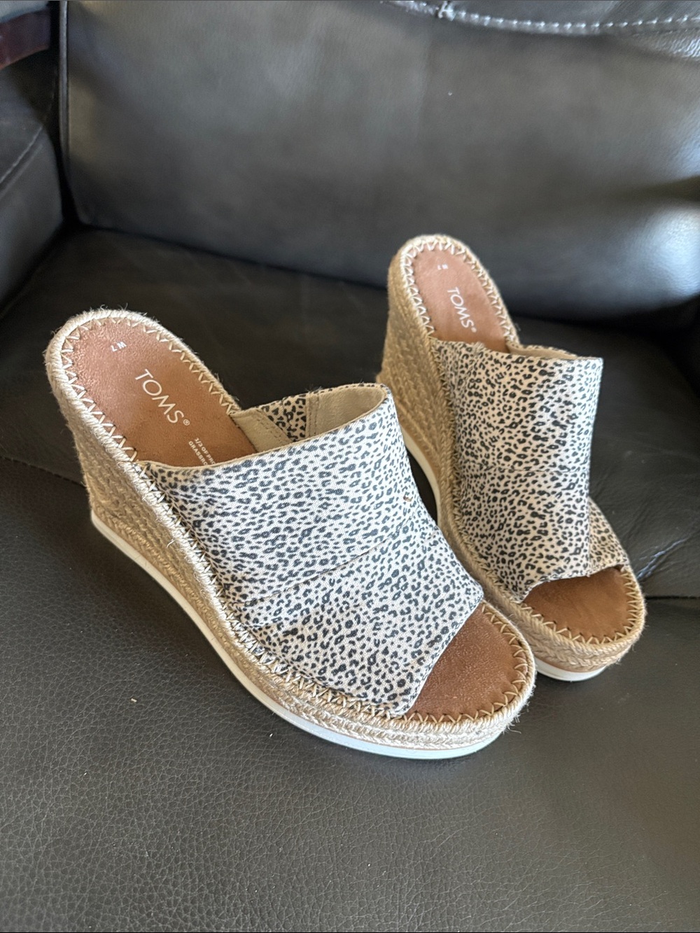 TOMS Leopard Print Espadrille Wedge Mules in Beige and Brown